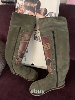 Ed Hardy Suede Leather Tall Knee High Boots Snow Blazer Military Green Sz 7