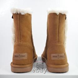 Minnetonka Suede Shearling Boots Camel Brown Womens Size 8 Slip On Native Winter