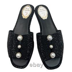 RENE CAOVILLA Crystal And Faux Pearl-Embellished Suede Slides Black Size 37