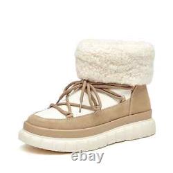 Snow Boot Women Flats Lace Up Round Toe Cow Suede Warm Faux Fur Mix Color Winter