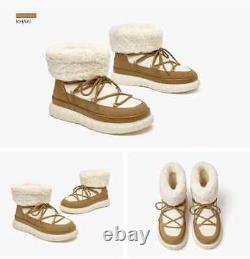 Snow Boot Women Flats Lace Up Round Toe Cow Suede Warm Faux Fur Mix Color Winter