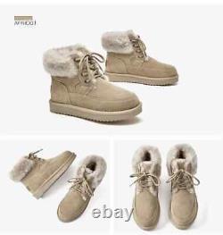 Snow Boots Women Suede Leather Lace Up Ankle Boots Warm Wool Fur Shoes Handmade