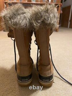 Sorel Joan Of Arctic Women Tan Suede Leather Blue Snow boots Size 9