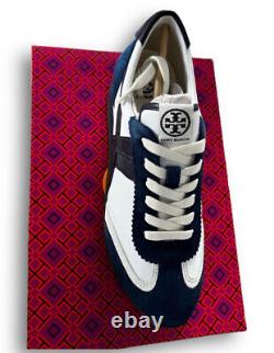 Tory Burch Women Snow White Bright Navy Hank Leather Suede Sneakers Rubber Shoes