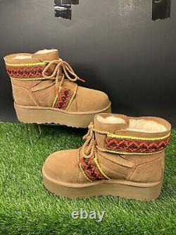 UGG Classic Mini II Braid Boots Womens Size 6 Brown Chestnut Suede Platform NEW