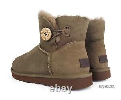 UGG Mini Bailey Button II Hickory Fur Boots Womens Size 8 NEW