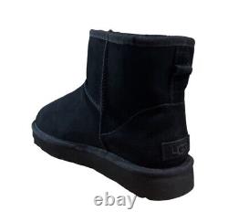 UGG Womens Classic Mini Side Logo II Fur Lined Boots Black Suede Size 9 M US