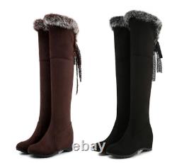 Women Faux Suede Over The Knee High Boots Flat Snow Boot Casual Faux Fur Lined