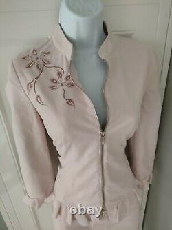 Womens Karen Millen Vintage Pink Embroidered Faux Suede Ruffle Skirt Jacket 10